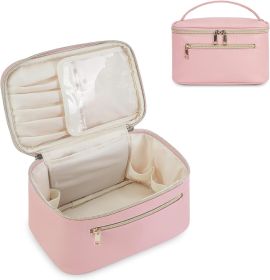 Makeup Bag, Travel Make Up Organizer Cosmetic Brush Bags Case for Women in Vegan Leather, Pink, Patent Pending