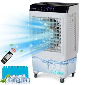 -3 in 1 Portable Evaporative Cooler,Indoor,Outdoor,2353CFM Personal Air Cooler with remote ,7.93 Gal Large Water Tank & Scroll Casters, 4 Ice Packs